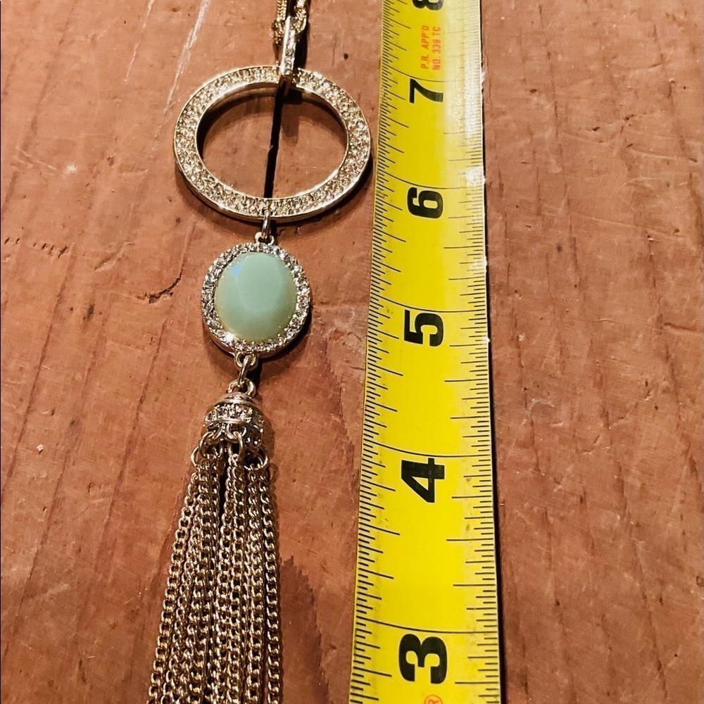 FREE WITH ANY PURCHASE Gold Tone Tassel Necklace with Faux Green Stone 18in
